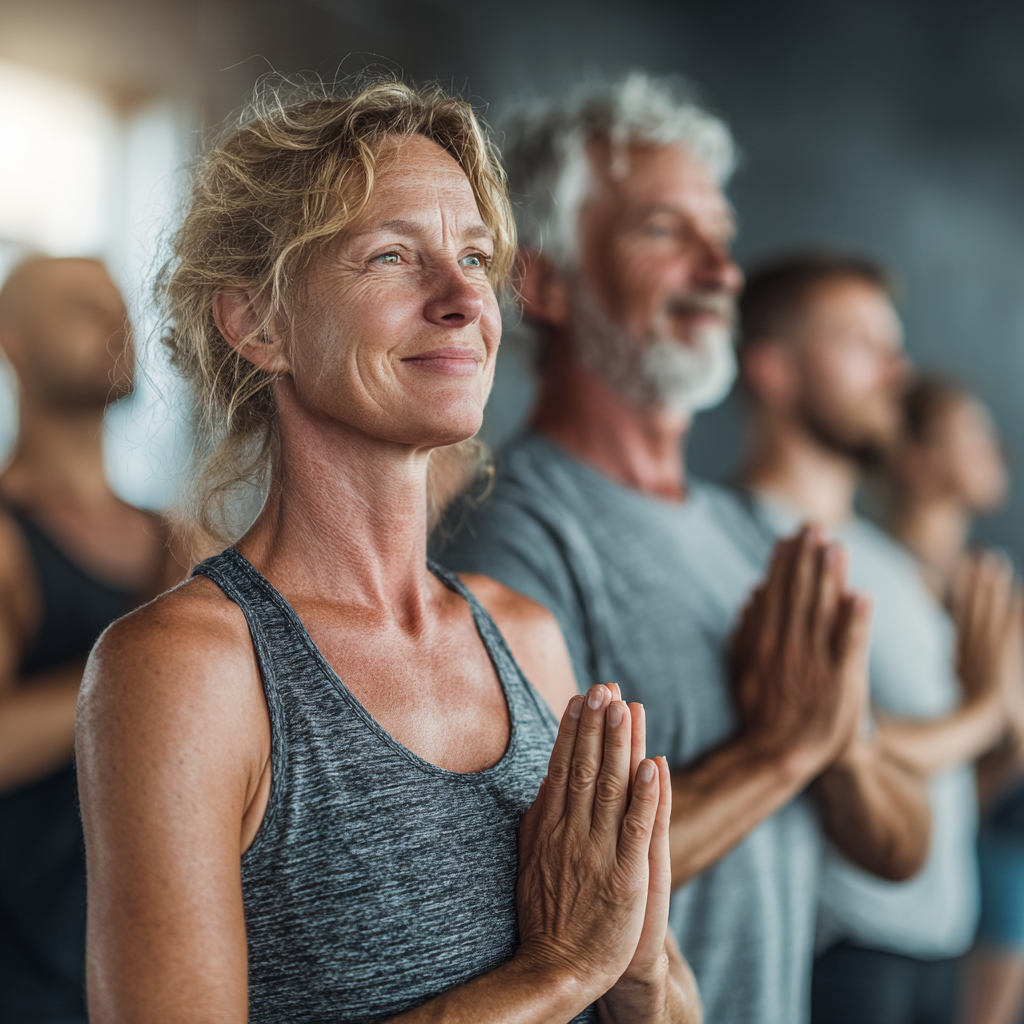 Group of diverse adults in their 40s and 50s practicing yoga together in bright studio space, showing community and wellness lifestyle