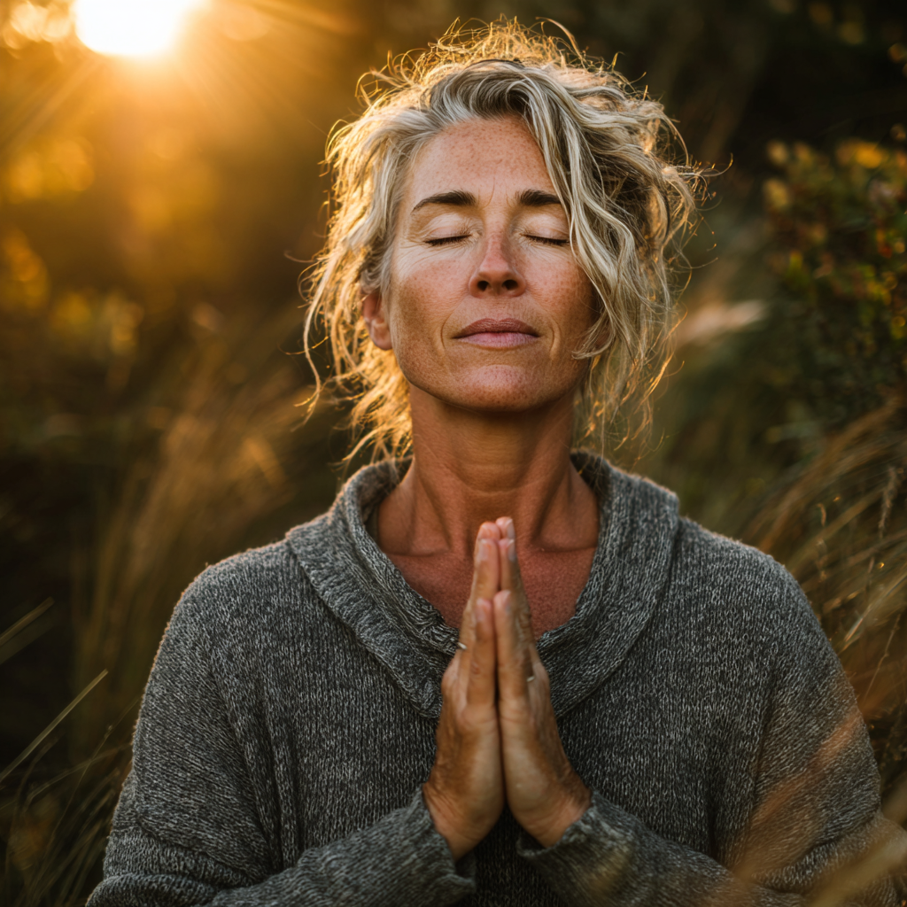 Peaceful mature woman in her 40s practicing yoga meditation pose in natural outdoor setting, demonstrating mindfulness and inner balance