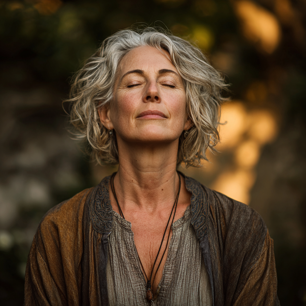Serene middle-aged woman around 45 years old in meditation pose outdoors, expressing tranquility and mindful awareness in natural setting